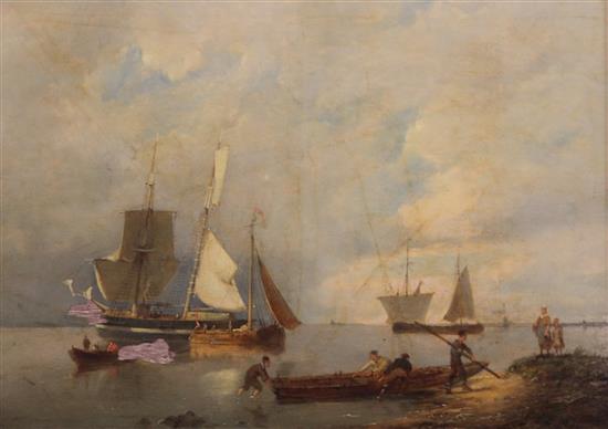 William Dommersen (1850-1927) Fisherfolk along the coast and Shipping on a calm sea, 10.5 x 14.5in.